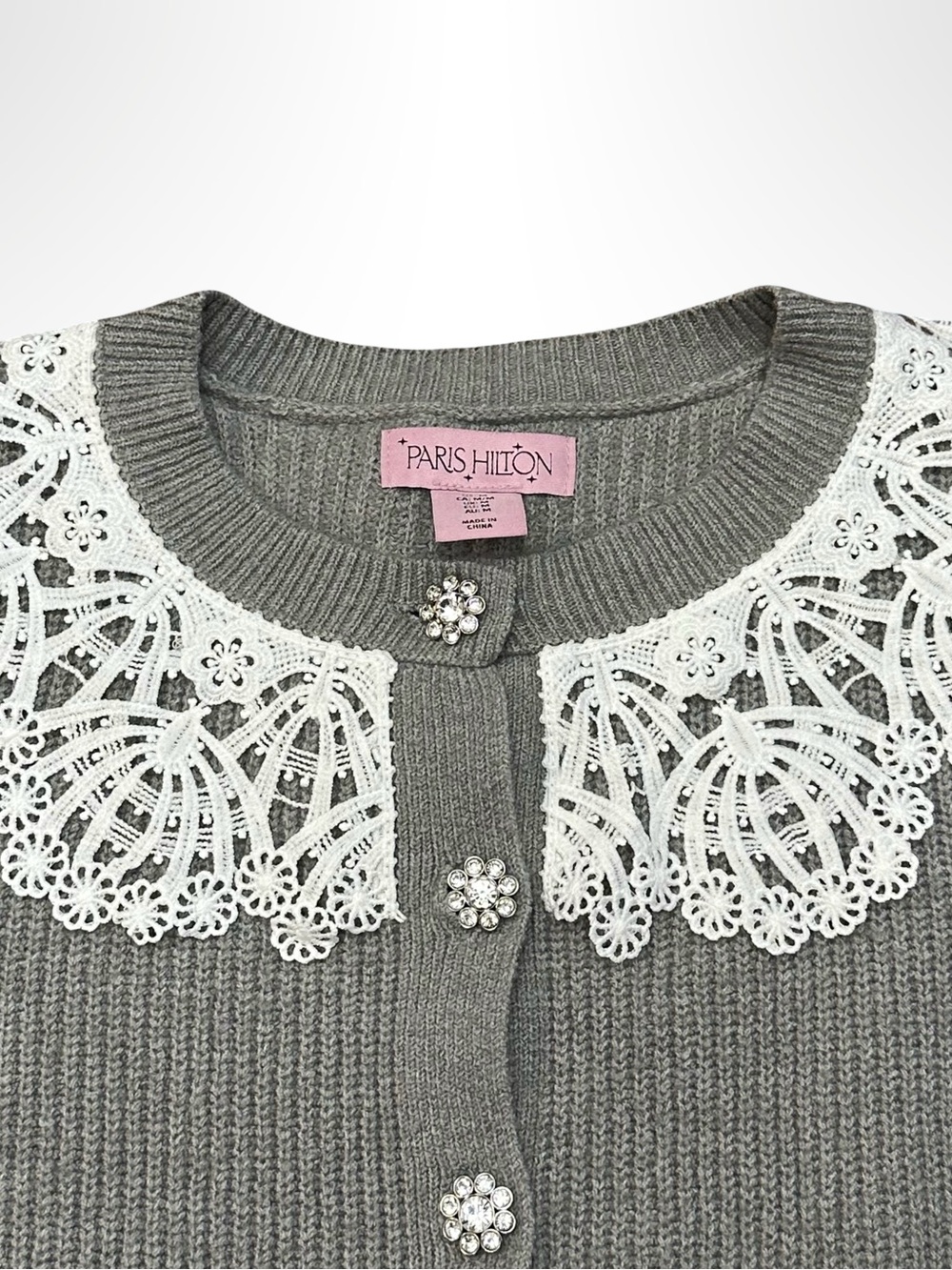 Paris Hilton Gray Cardigan with Decorative Lace Collar - Picture 3 of 5